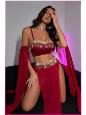 Giyim Bordo Pul Aksesuarlı Tül Etekli Kadın Seksi Gecelik