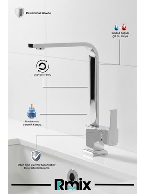 Rmix Lüx Kare Çift Su Girişli Mutfak Bataryası Musluğu Çeşmesi Bataryası