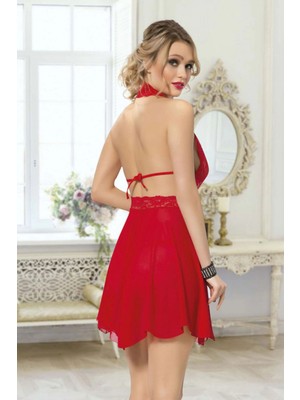 Giyim Kadın Kırmızı Çapraz Bağlı Kısa Tül Dantel Gecelik