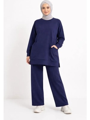 Melen Moda Osy Modal Yumuşak Dokulu Kumaş Tesettür Cepli Tunik Pantolon Takım - Lacivert