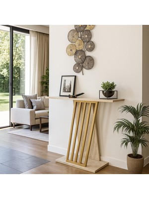 Normadia Modern Traverten Desenli Gold Metal Dresuar, Şık Antre ve Hol Dekoru