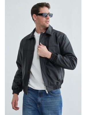 FullaModa Fermuarlı Polo Yaka Bomber Suni Deri Ceket