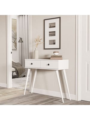 Normadia Şık Ahşap Ayaklı 2 Çekmeceli Modern Dresser, Beyaz Renk