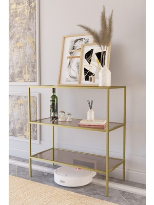 Normadia Şık Metal Dresuar Kahve Köşesi, Mat Gold ve Temperli Kırılmaz Bronz Cam