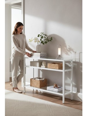 Normadia Şık 3 Katlı Beyaz Temper Camlı Dresuar Konsol, Modern Dekorasyon Için