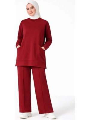 Equri Osy Modal Yumuşak Dokulu Kumaş Tesettür Cepli Tunik Pantolon Takım - Bordo