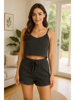 Kyops Crop Takım - Askılı Crop Takım Likralı Siyah (M) - Lisinya