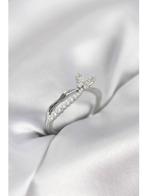 Erbilden Erb Gümüş Renk Kuyruklu Kelebek Model Incili Kadın Yüzük