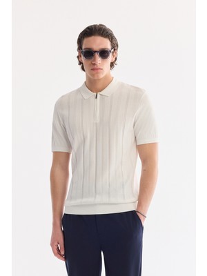 AVVA Erkek Ekru Polo Yaka Fermuarlı Rayon Regular Fit Triko T-shirt A61Y5018
