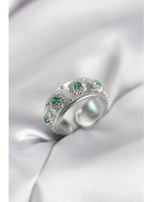 Erbilden Erb Yeşil Zirkon Taşlı Gümüş Renk Vintage Kadın Yüzük