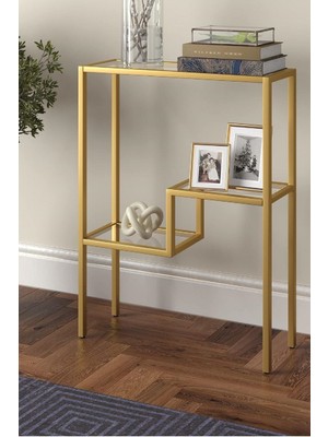 Normadia Modern Gold Renk Metal Iskeletli Temper Camlı Raflı Dresuar