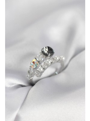 Erbilden Erb Gümüş Renk Pirinç Zirkon Taşlı Incili Kadın Yüzük