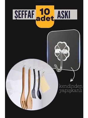 Kyops 10'lu Şeffaf Kendinden Yapışkanlı Güçlü Askı Kancası, Banyo Mutfak Organizer, Iz Bırakmaz Pratik Askı - Lisinya