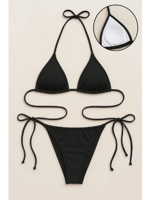 Giyim Kadın Siyah Yandan ve Boyundan Bağlamalı Bikini Mayo Takımı