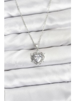 Kyops 316L Çelik Zincir Gümüş Renk Kalp Model Zirkon Taşlı Kadın Kolye - Lisinya