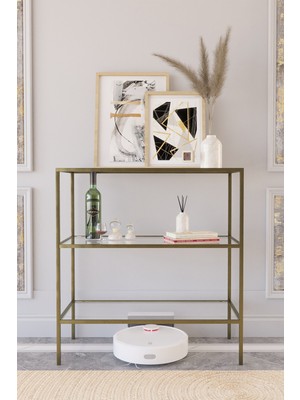 Normadia Şık Metal Dresuar Kahve Köşesi, Prinç Eskitme Renk, Temperli Cam