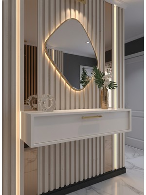 Normadia Beyaz ve Gold Detaylı Modern Duvara Monte Dresuar, Şık Antre Mobilyası