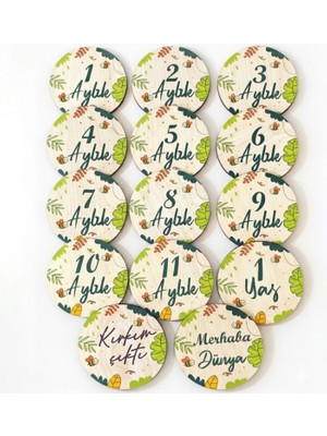 Wood Design World Ahşap Bebek Aylık Gelişim Kartları 14 Parça Set - Safarili Bebek Hatıra Kartı - 1 Yaş ve Kırkım Çıktı Hediyelik-Anıkartları
