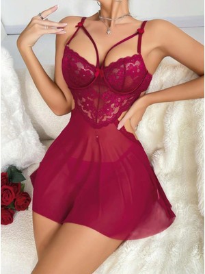 Giyim Kadın Kırmızı Fantazi Gecelik Tül Göğüs Dantel Dekolteli Fiyok Detaylı 2162