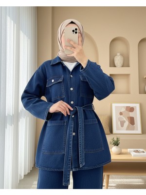Modamorfo Beli Kemerli Cepli Önü Düğmeli Kot Takım -Indigo