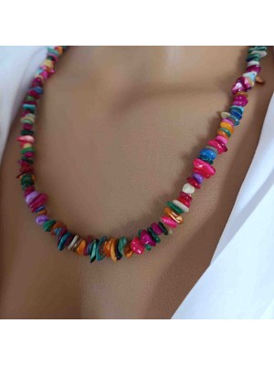 Mga Doğaltaş Kadın Doğal Taş Kolye Renkli Sedef Taşı Kırıktaş – Çelik Papağan & Uzatma Zincirli – 45-55 cm – Sertifikalı – Mdf Hediye Kutulu