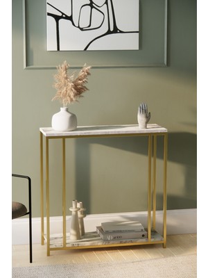 Normadia Şık Beyaz Mermer Desenli Altın Metal Raf ve Sehpa Seti