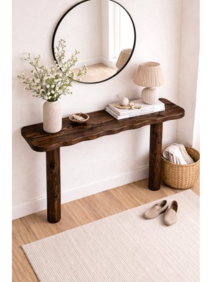 Normadia El Yapımı Masif Çam Dresuar 130 Cm, Hareli Budaklı Ahşap Konsol