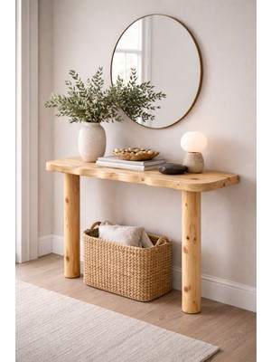 Normadia El Yapımı Doğal Masif Çam Dresuar 130 Cm, Hareli Budaklı Ahşap Konsol