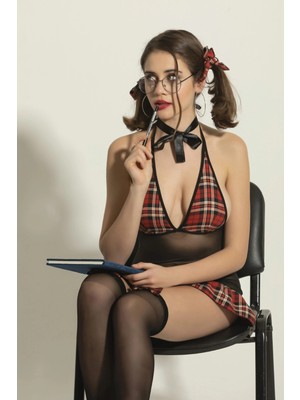 Giyim Seksi Okul Kız Kostüm,ekose Desenli Transparan Tül Fantazi Gecelik Takım,yüksek Bel Jartiyer