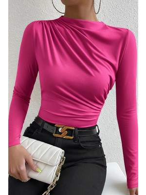 Giyim Kadın Fuşya Belden ve Boyundan Büzgü Detaylı Uzun Kollu Bluz