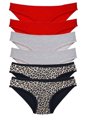 Giyim 6 Adet Likralı Kadın Slip Külot Leopar Kırmızı Gri