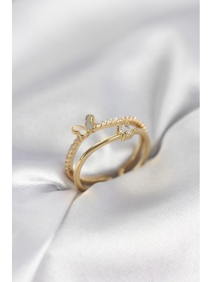 Mç Plus Erb Gold Renk 2\'li Zirkon Taşlı Kelebek Model Kadın Yüzük