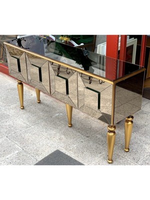 Normadia Kareli Üç Boyut Kayın Gold Retro Dresuar Konsol Cam Ayna Kaplama