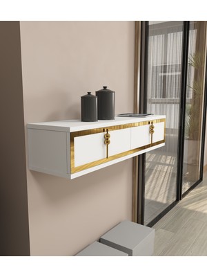 Normadia Modern 90 cm Kapaklı Raflı Duvara Monte Dresuar Beyaz Altın Detaylı