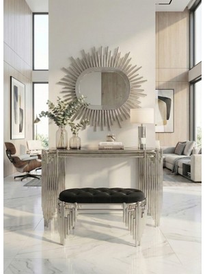 Normadia Şık ve Modern 120CM Puf Takımı, Ultra Lak Gümüş Kaplama, Siyah Renk, Ayna Dahil