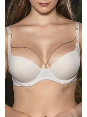 Giyim Günlük Kullanıma Uygun Ekru Zincir Aksesuarlı Yarım Push-Up Sütyen,destekli, Düşük Dekolte Uyumlu