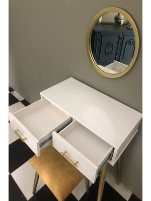 Normadia Şık Beyaz Mdf 2 Çekmeceli Dolap, Gold Yuvarlak Ayna ve Kumas Tabure
