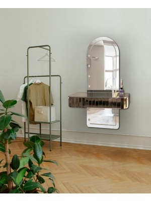 Normadia Ses Duyarlı Rgb LED Işıklı Bronztaki Ayna Çekmeceli Makyaj Masası