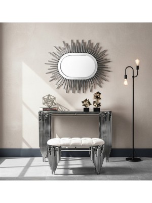 Normadia Şık Piyano Model Lüx Gümüş Dresuar, Ayna ve Puf Seti