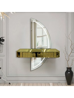 Normadia Yarım Ay Aynalı LED Işıklı Gold Dresuar Takımı, Modern ve Şık Dekorasyon