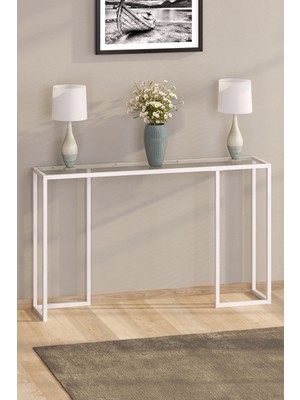 Normadia Beyaz Metal Çerçeveli Temper Camlı Raflı Dekoratif Konsol ve Saksılık