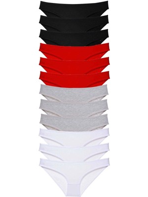 Giyim 12 Adet Süper Eko Set Likralı Kadın Slip Külot Siyah Kırmızı Gri Beyaz