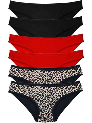 Giyim 6 Adet Özel Set Likralı Yumuşak Dokulu Kadın Slip Külot Leopar Siyah Kırmızı