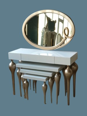 Normadia Modern Oval Ayna ve Dresuar Takımı, Beyaz ve Gold Detaylı Design