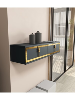 Normadia Skyt 90 cm Kapaklı ve Raflı Duvara Monte Dresuar, Antrasit ve Altın Detay