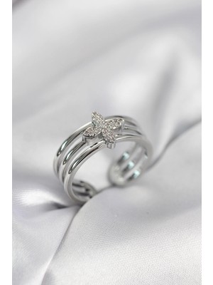 SHC4200 Mey Ithalat® Gümüş Renk Zirkon Taşlı Yonca Model Kadın Yüzük
