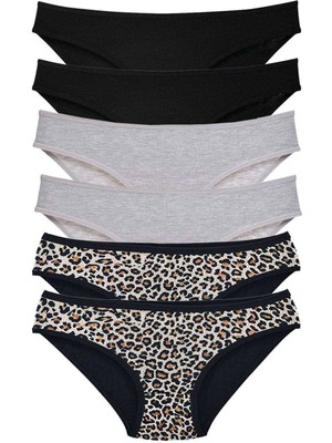 Giyim 6 Adet Likralı Kadın Slip Külot Leopar Siyah Gri