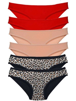 Giyim 6 Adet Likralı Kadın Slip Külot Leopar Kırmızı Ten
