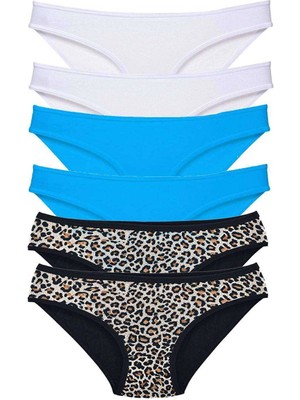 Giyim 6 Adet Likralı Kadın Slip Külot Leopar Beyaz Mavi