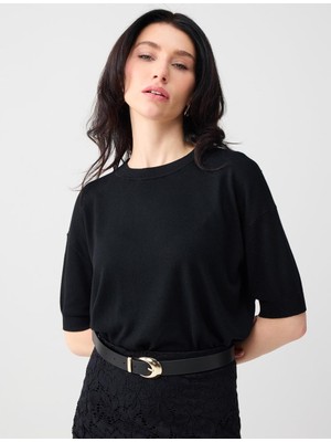 Jimmy Key Siyah Bisiklet Yaka Yün Karışımlı Kısa Kollu Triko Bluz